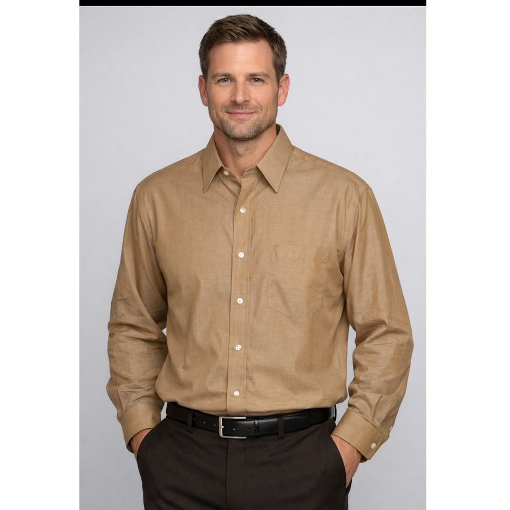 Embassy Row Mens Tan Herringbone‎ Dress Shirt 100% Cotton 16.5 34/35 NWT 204675